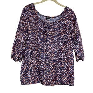 Ann Taylor Blue & Orange Spotted Peasant Boho Blouse Womens S Buttons 3/4 Sleeve
